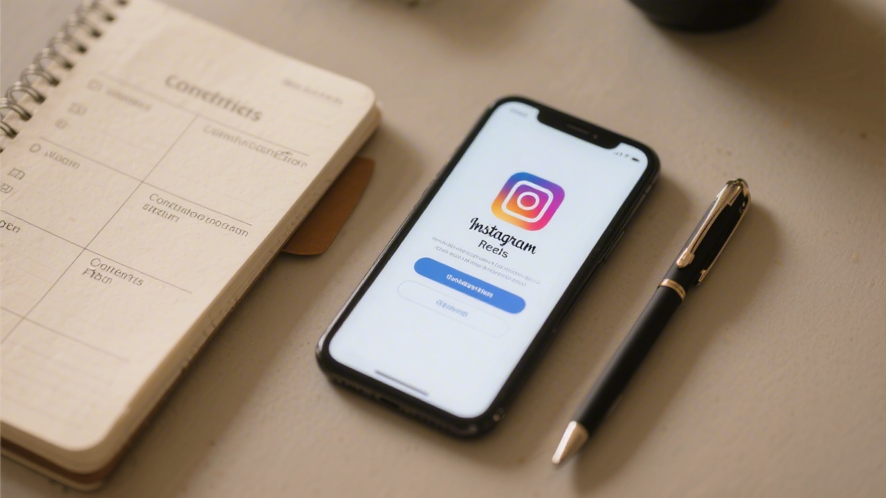 Close-up of a smartphone showing an Instagram feed, a notebook with content ideas, color palette cards, and a coffee cup on a wooden table.