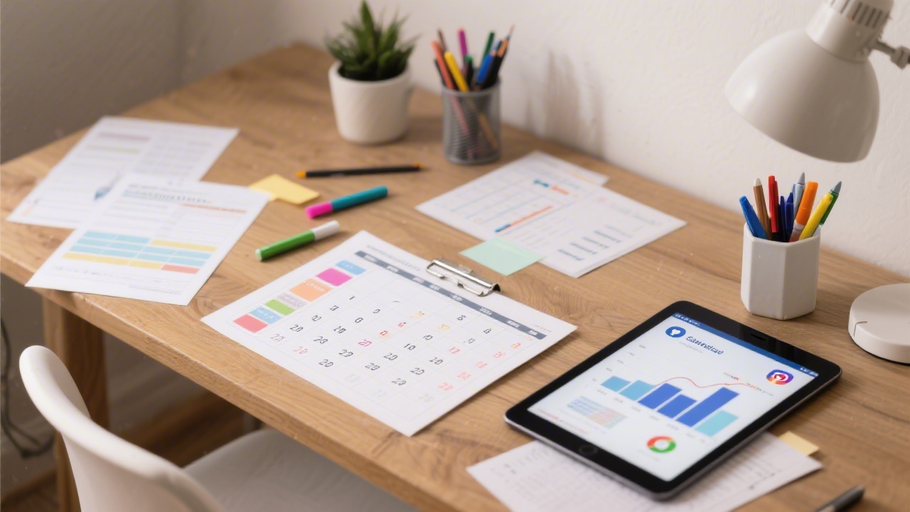 Desk with content calendar sheets, markers, and a tablet showing social media performance graphs, representing structured planning and analysis.
