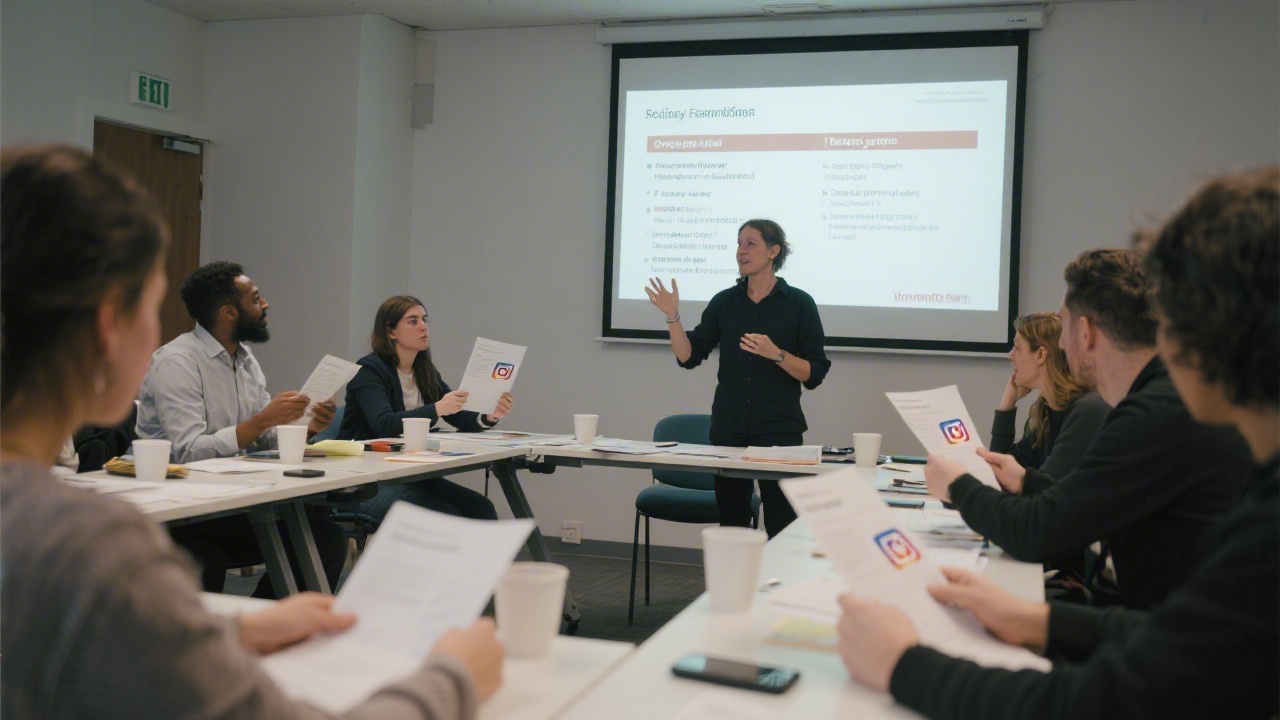 Workshop setting with participants reviewing social media drafts, a projector showing campaign objectives, and a facilitator guiding the group discussion.
